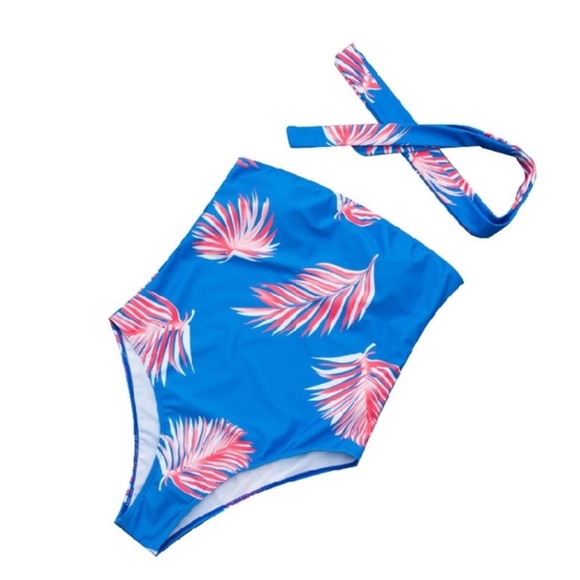 Blue Patterned Strapless one piece bathing suit with waist tie - Picture 5 of 7